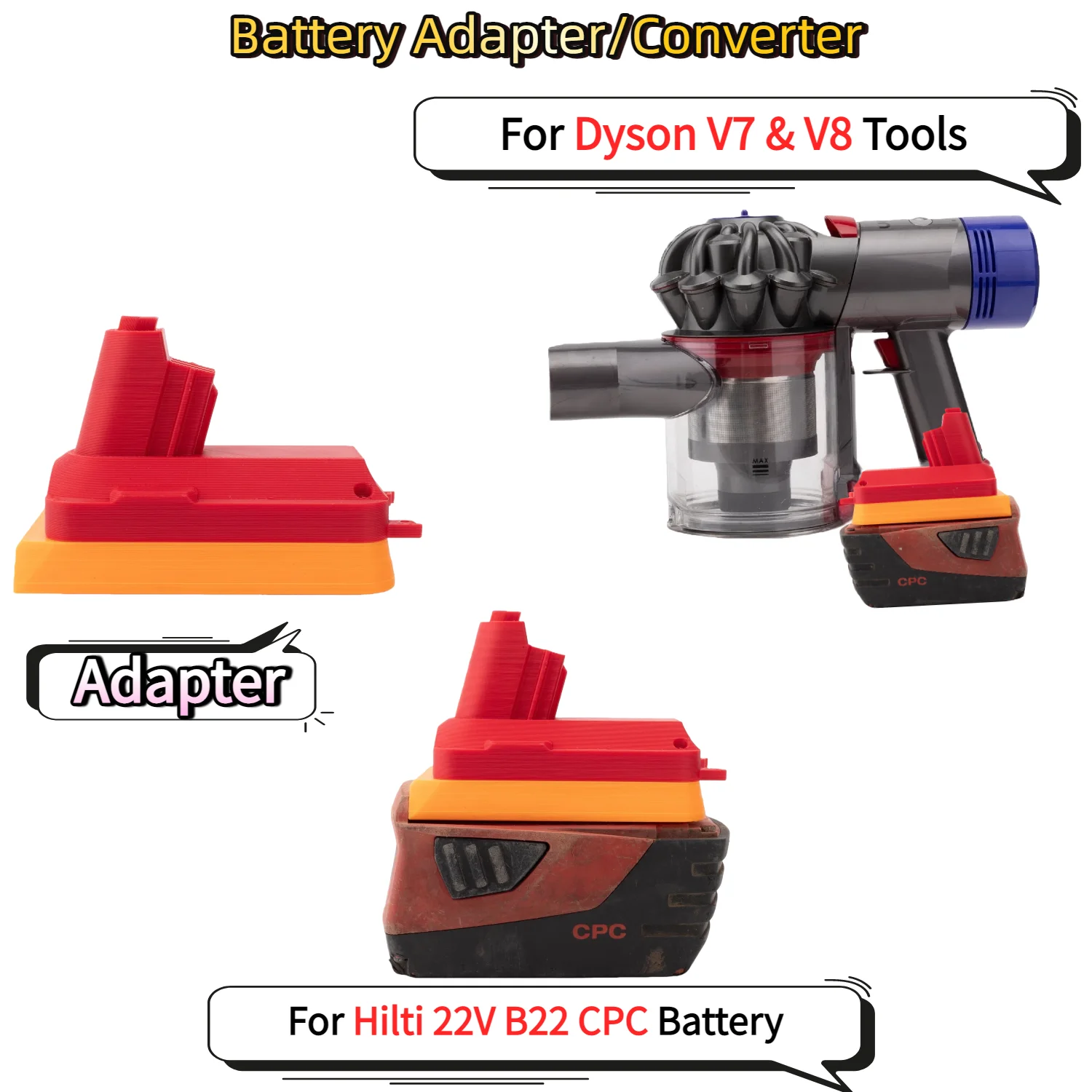 

Адаптер/конвертер для аккумуляторов Hilti 22V B22 CPC Li-ion для ручных пылесосов Dyson V7 и V8 (только адаптер)