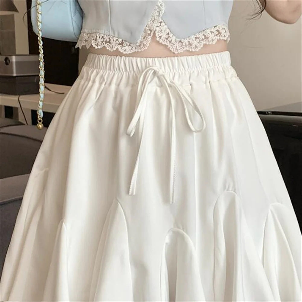Women's Preppy Style Solid Color Ruffled Skirt Casual Korean Fashion A-line Elastic Waist Thin Pleated Summer New