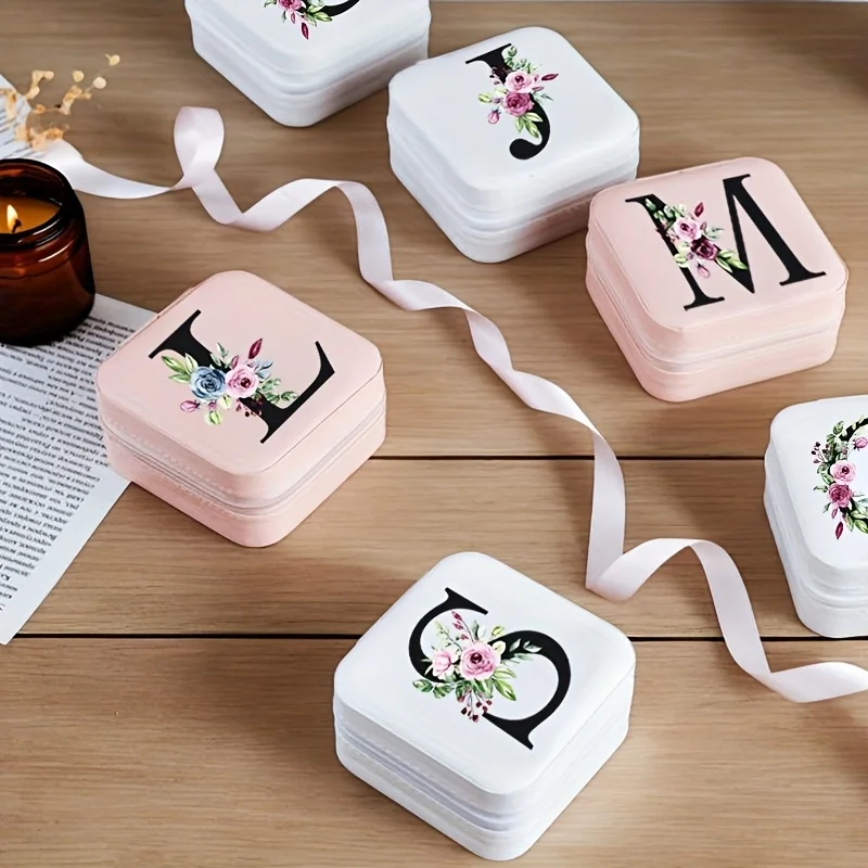 

Personalized Name Flower Jewelry Travel Case with Zipper Closure for Women Jeweley Square Organizer Box Bridesmaids Wedding Gift