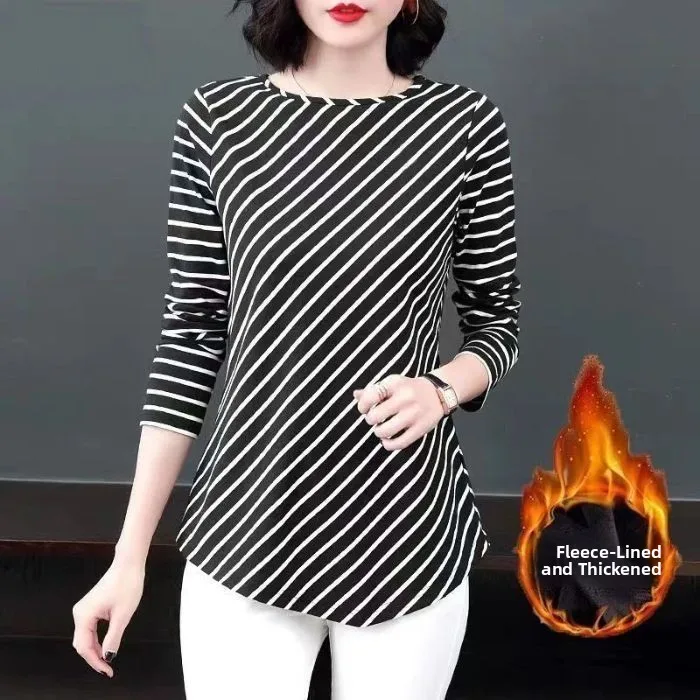 plus Size Women's Fleece Lined Long Sleeve T-Shirt Striped Loose Slimming Base Layer Shirt Top Casual Style Standard Fit Poly...