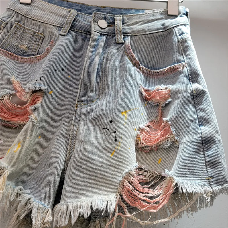 Color Ripped Denim Shorts Women's 2025 Summer New High-waisted Spice Girls A-shaped Rough-edged Wide-leg Pants Hot Pants