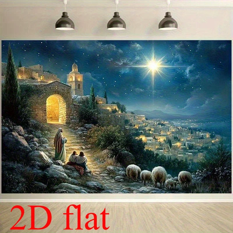 1 Stück Krippen-Fotografie-Hintergrund – Sternenhimmel, Schäferhund und Bethlehem Town, Polyester-Banner, geeignet für Weihnachten