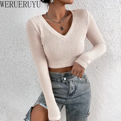 Top corto a maniche lunghe T-Shirt a punto scavato donna primavera autunno vestiti Streetwear Y2k maglia con scollo a v Sexy magliette Skinny 2024