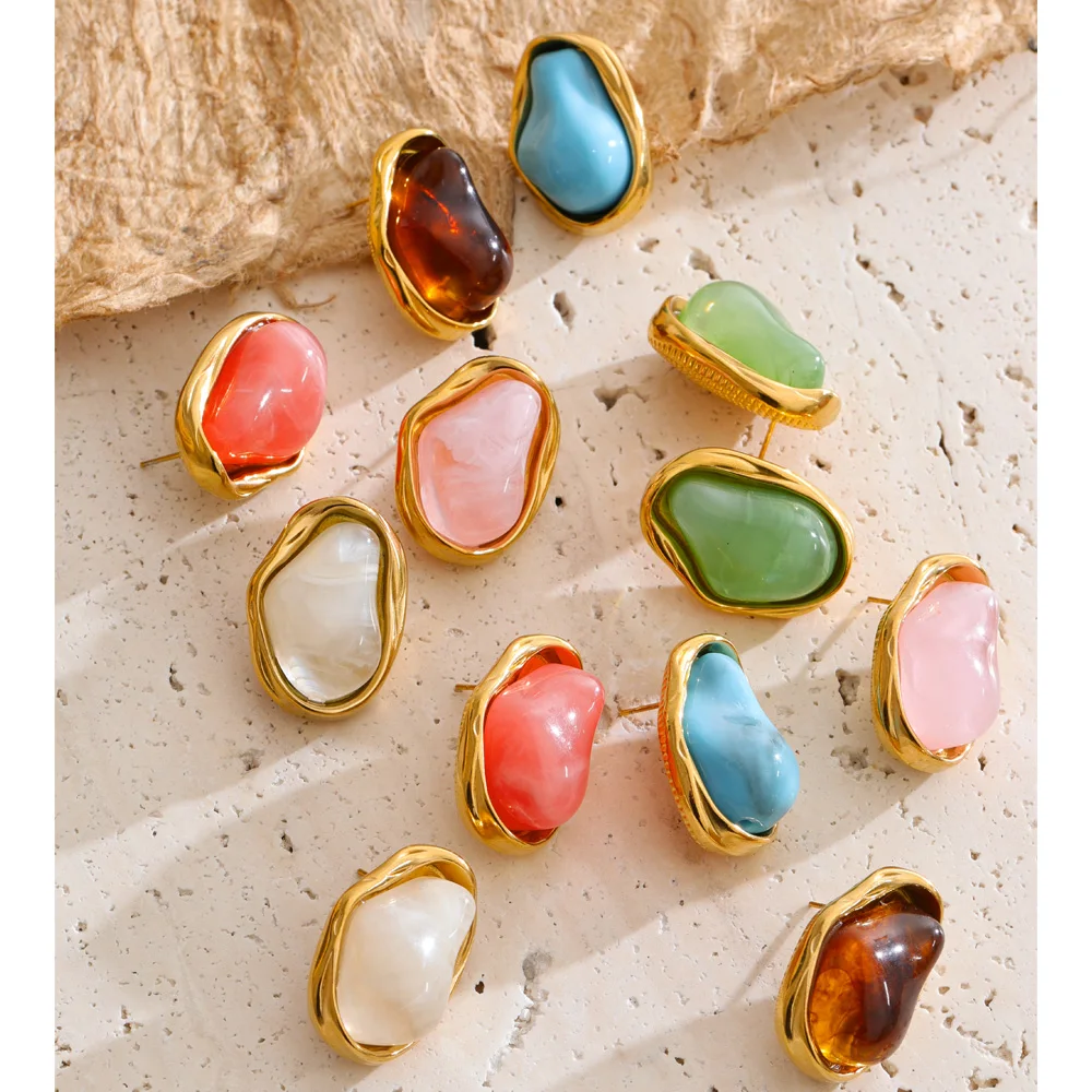 Yhpup 5 Color Spring Summer Acrylic Resin Candy Stud Earrings for Women Stainless Steel Gold Color Exclusive Jewelry