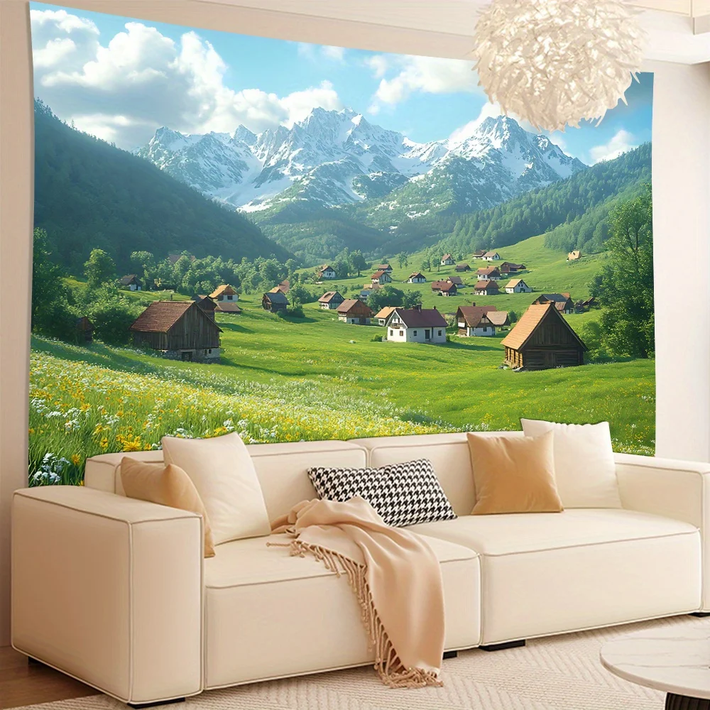 Alpine Village Tapestry, Snowy Mountains with Wildflower Meadow, Ideal for Nature Lovers Living Room Bedroom Wall Decor