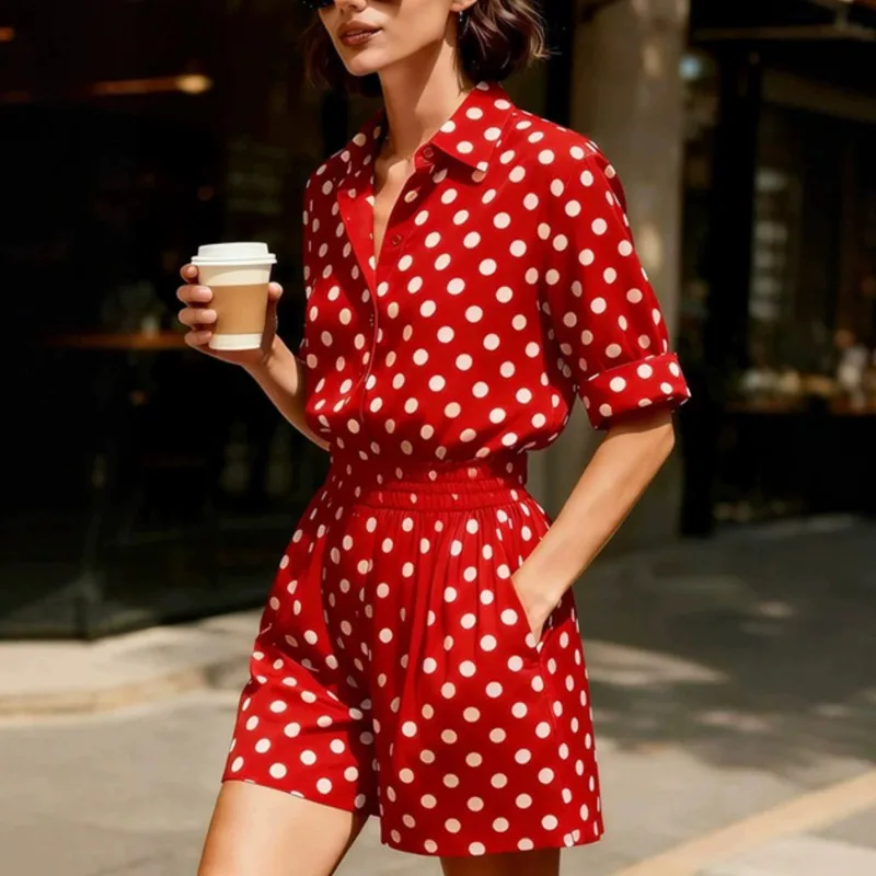

Fashion Polka Dot Shirt Shorts Two Piece Sets Elegant Casual Summer Women Turn-down Collar Short Sleeve Shirts Top + Shorts Set