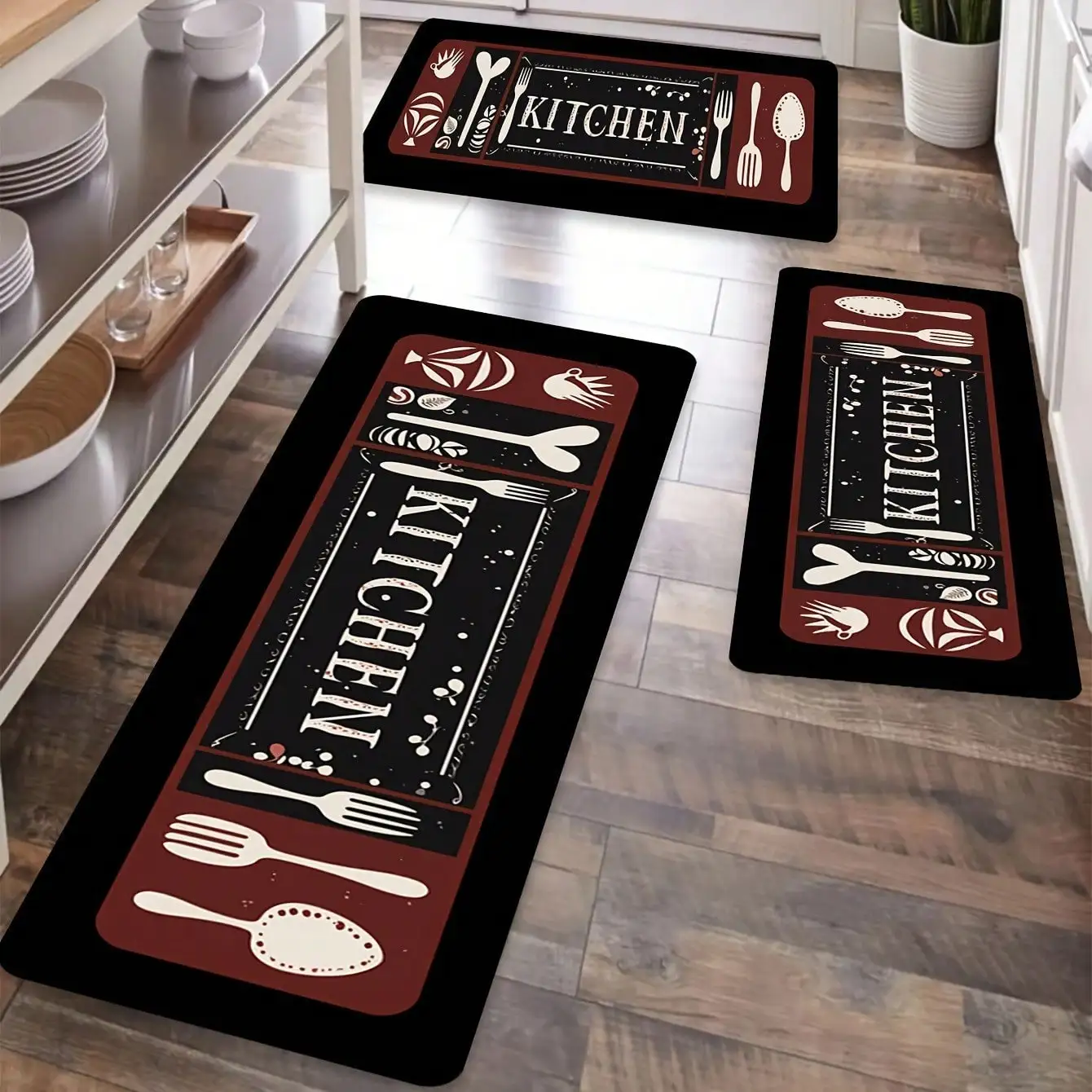 Vikamara Flannel Kitchen Soft Carpet - Featuring a Design of Dishes and Spices, Ideal for Use as a Home Decor Rug in the Dining