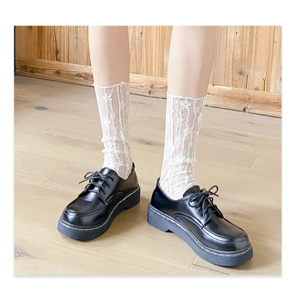 Style JK Floral Harajuku Socks Breathable Soft Mesh Fishnet Socks Transparent Lace Pile Socks Women\'s