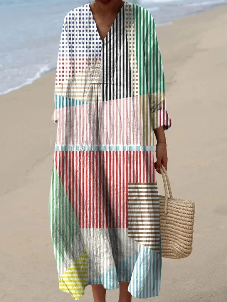 Abito da donna con stampa artistica astratta a pois e righe, alla moda, a maniche lunghe, scollo a V, vestito oversize, stile bohémien chic