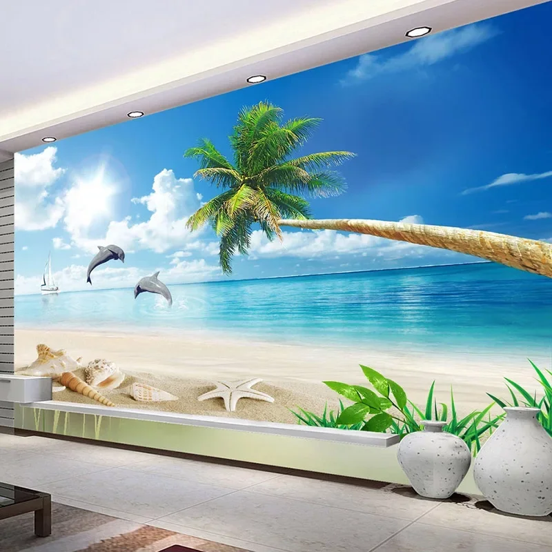 Custom Wall Mural Blue Sky And White Clouds Summer Beach Coconut Tree Seascape 3D Photo Wallpaper Stickers Bedroom Living Room