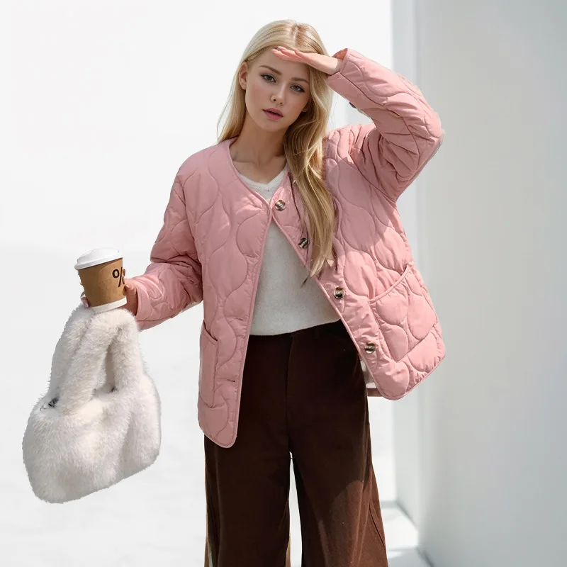 

Женская куртка на хлопковой подкладке в корейском стиле без воротника с ромбами, зимнее теплое легкое короткое свободное пальто из овечьей шерсти