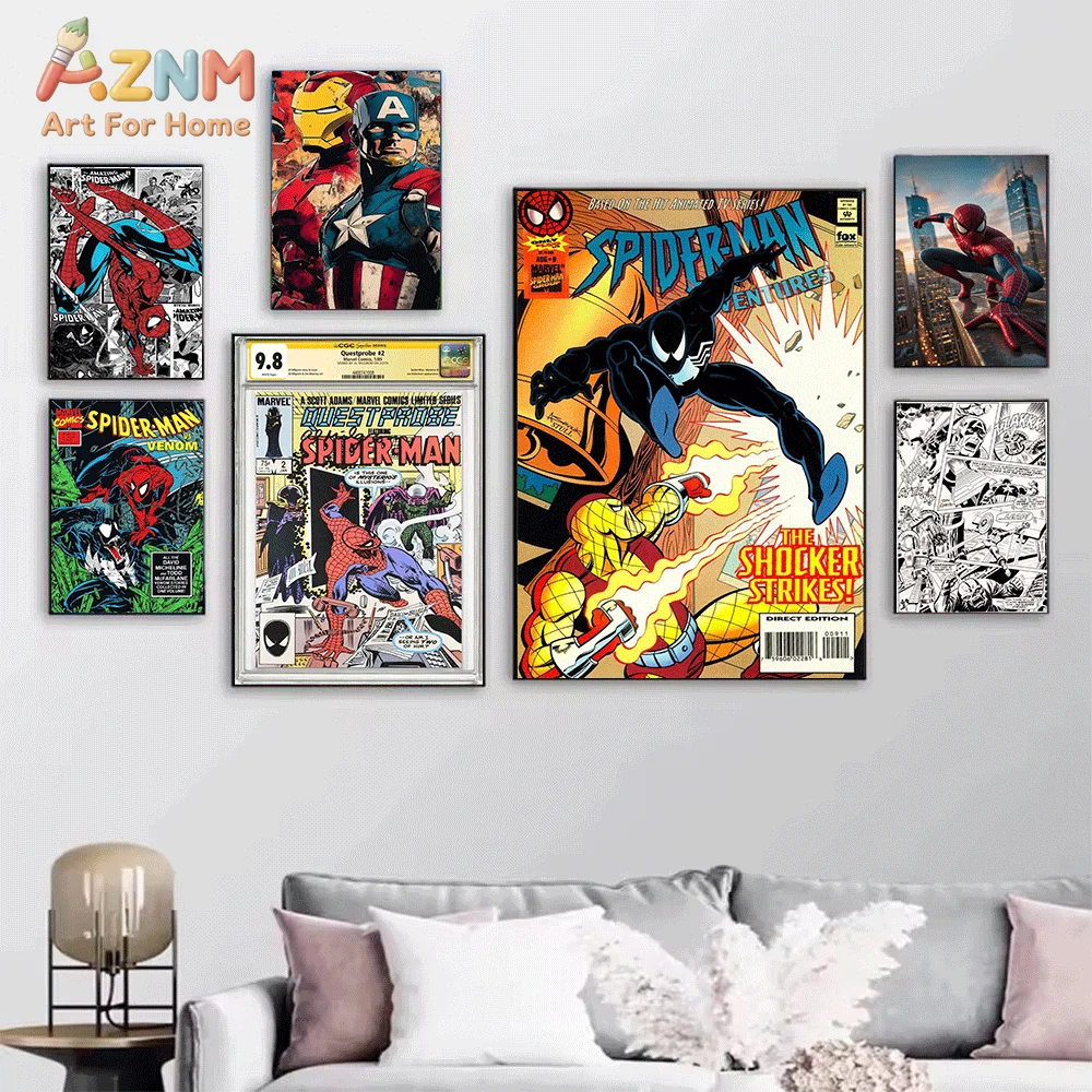 AZNM Spiderman 1962 Retro Japanese Text Canvas Wall Print, Vintage Comic Hero Character Minimal Beige Background Graphic Art P
