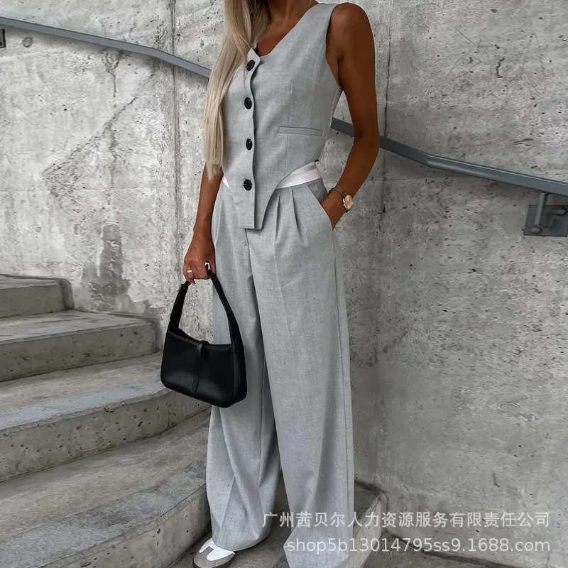 

Women's Clothing Sleeveless Vest Tank Top Long Pants Suit 2pcs Clothes Set Single Breasted Button Solid Color