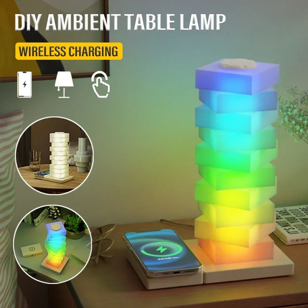 Smart LED Desk Lamp USB Touch Control Dimmable Desk Lamp DIY Rotating RGB Ambient Light Dimmable with15W Wireless Fast Charging