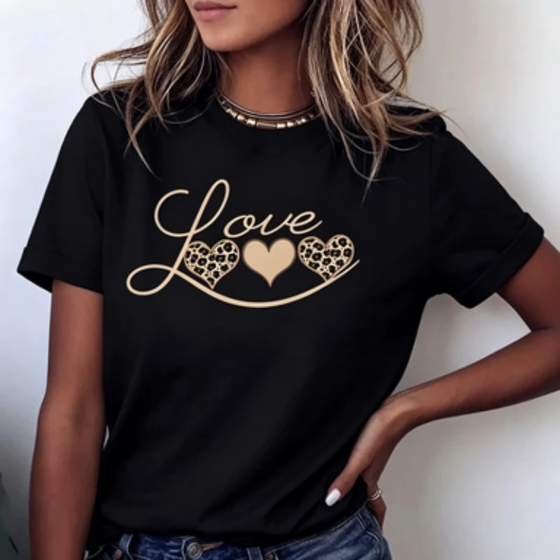 Cotton Crew Neck Tee, Three Hearts With Script Love Slogan Soft Loose Short Sleeve Top Six Daily Fashion Color Options