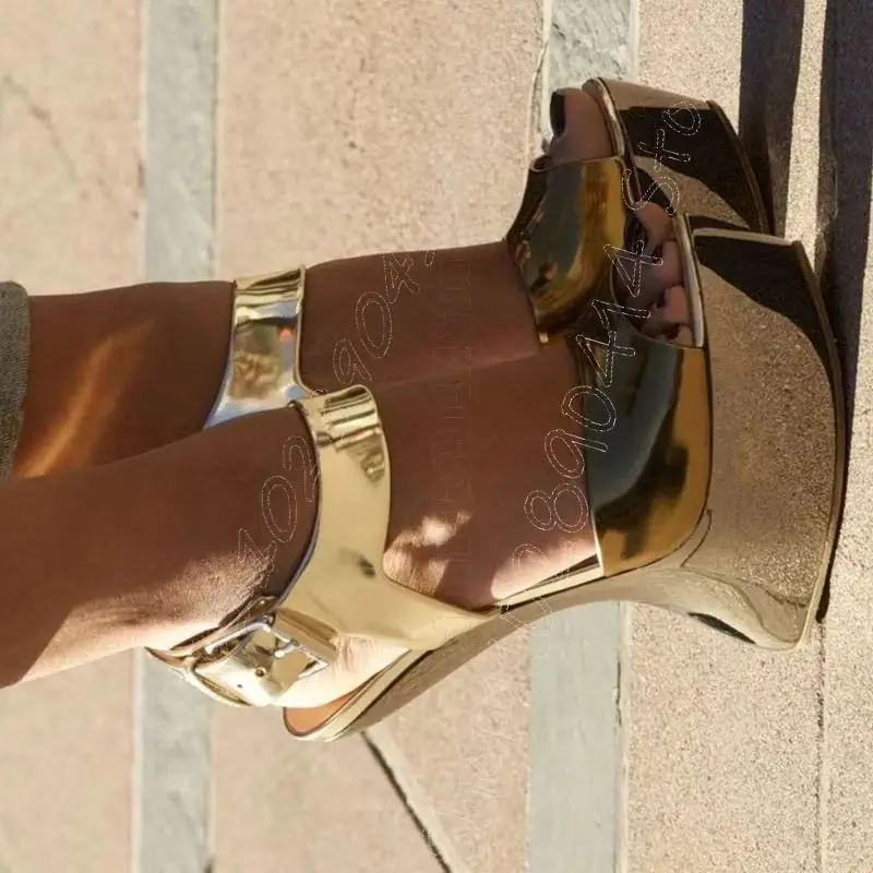 

Gold Strange Style Heels Patent Leather Sandals Buckle Strap Women Shoes Open Toe Party Banquet Dating 2026 Zapatos Para Mujere
