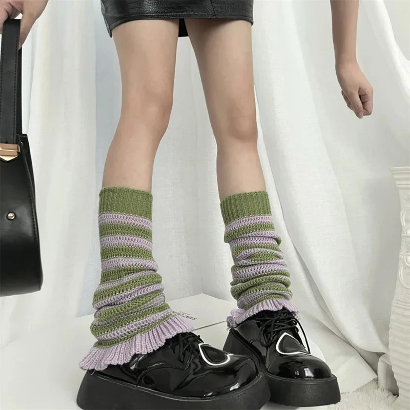 Vintage Knitted Leg Warmers Colorful Striped Hollow Stocking Coverings Y2k Sweet Medium Tube Socks Women's Japanese Boot Cuff