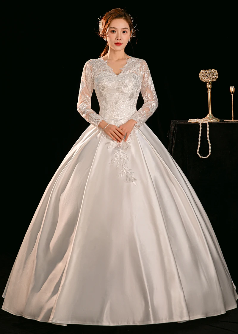 

XXN-991#Long Sleeved V-neck Satin Wedding Dress For Brides 2025 New High-end Texture French Embroidery Dress Wholesale Cheap