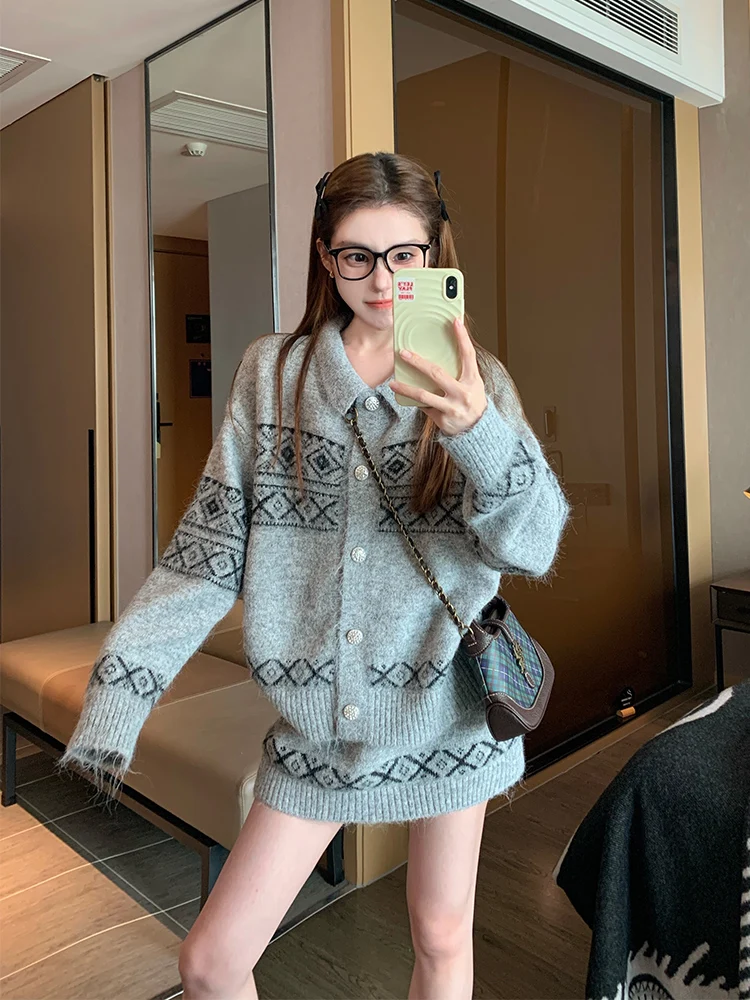 Set maglione jacquard con colletto polo donna 2025 nuovo autunno inverno stile accademico gonna vintage pigra in due pezzi