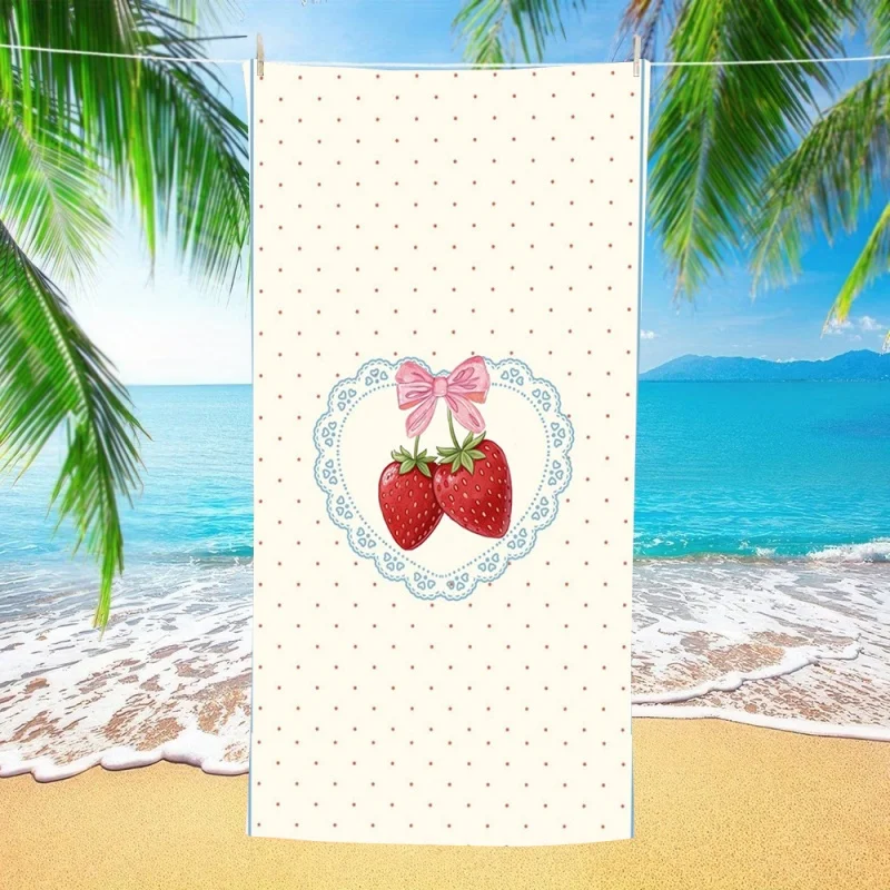 Green Gingham Check Cherry Pink Bow Print Beach Towel Quick Dry Sand Free Cute Towel Sweet Fruit Theme Girls Beach Daily