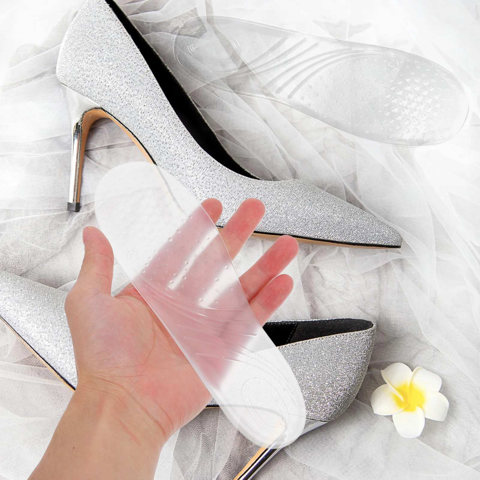 

1 Pair 3/4 Length Transparent Arch Support Insole For High Heels Anti-Slip Gel Pads Cushion Self-Adhesive Reusable Foot Care