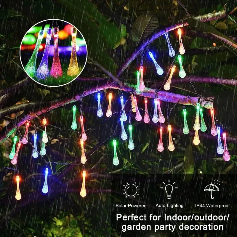 Outdoor Solar Fairy String Lights 20LED Water Drop Garland Waterproof for Garden Christmas Wedding Party Decor