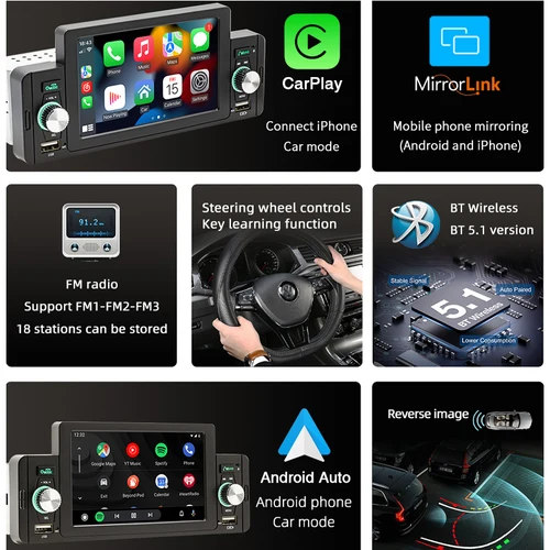 Imagen 2 del producto Radio Carplay para coche, reproductor MP5, Android, manos libres, A2DP, USB, FM, unidad principal del sistema de Audio, F160C, 1 Din, 5""