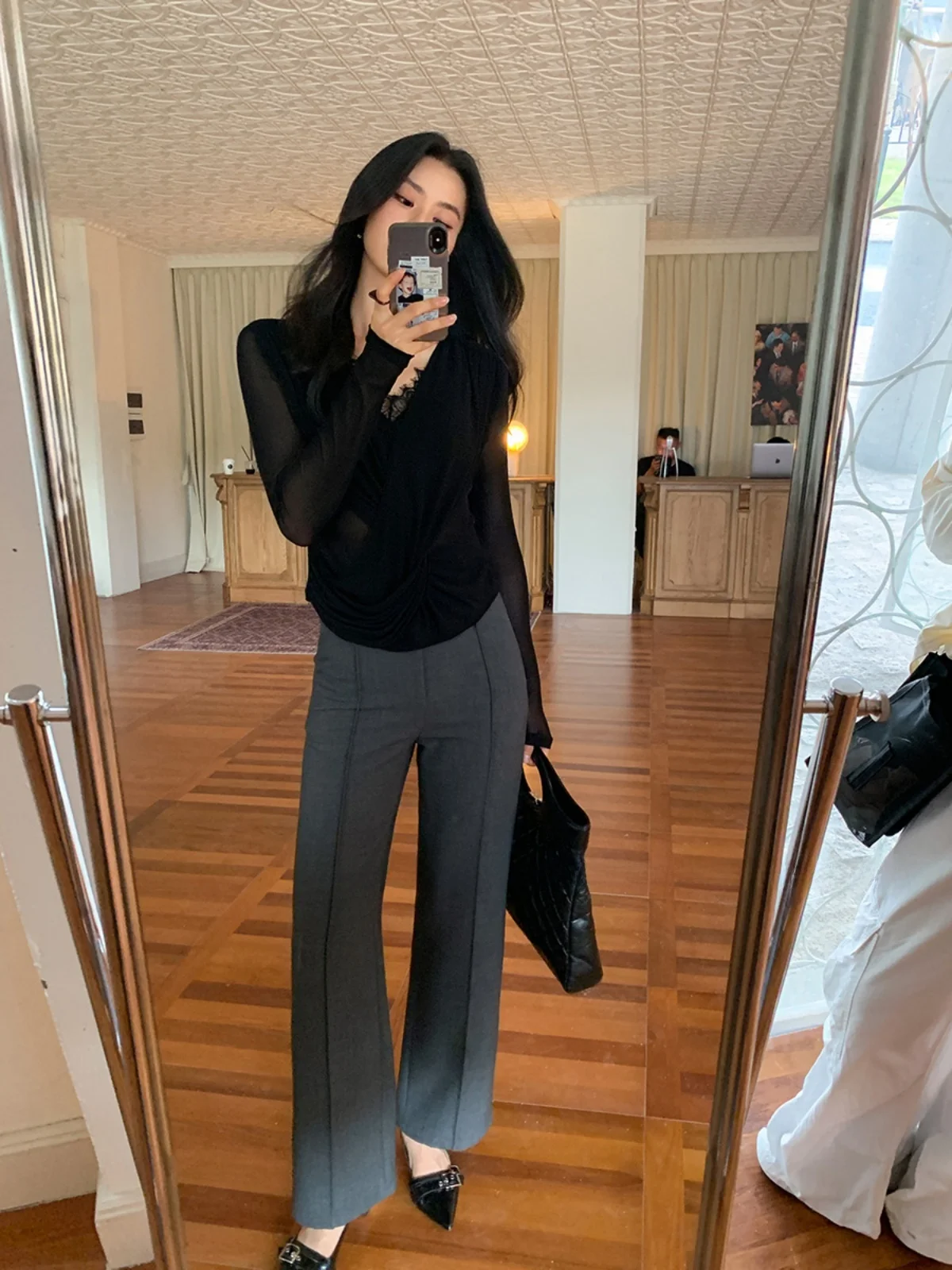 

ALONE SAVOR Royal Academy Slimming Satin Patchwork Suit Pants High Waist Wide Leg Casual Trousers for Women
