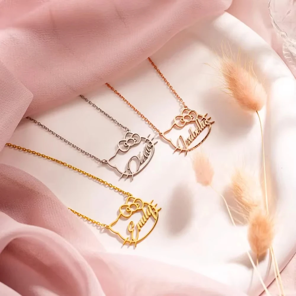2025 Modische neue personalisierte individuelle Namenskette mit Katzen- und Kitty-Anhänger, Geburtstagsgeschenk aus Edelstahl 304