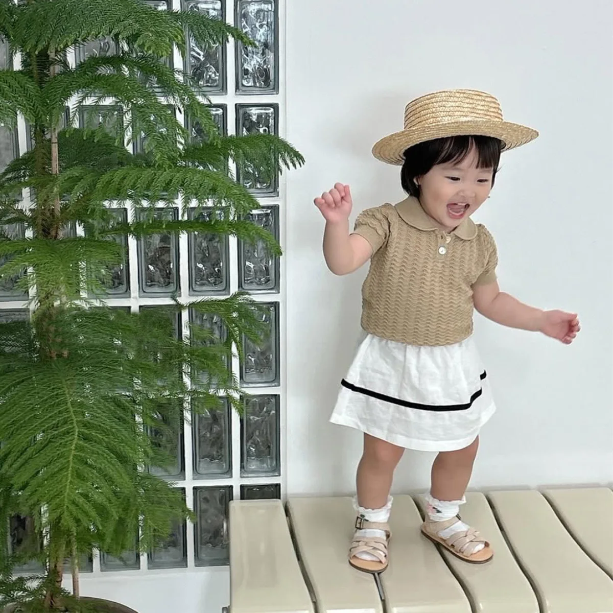 2025 Baby Clothes Summer Boys and Girls Small Lapel Temperament Jacquard Two Button Sweater Top Baby Short Sleeved Thin Sweater