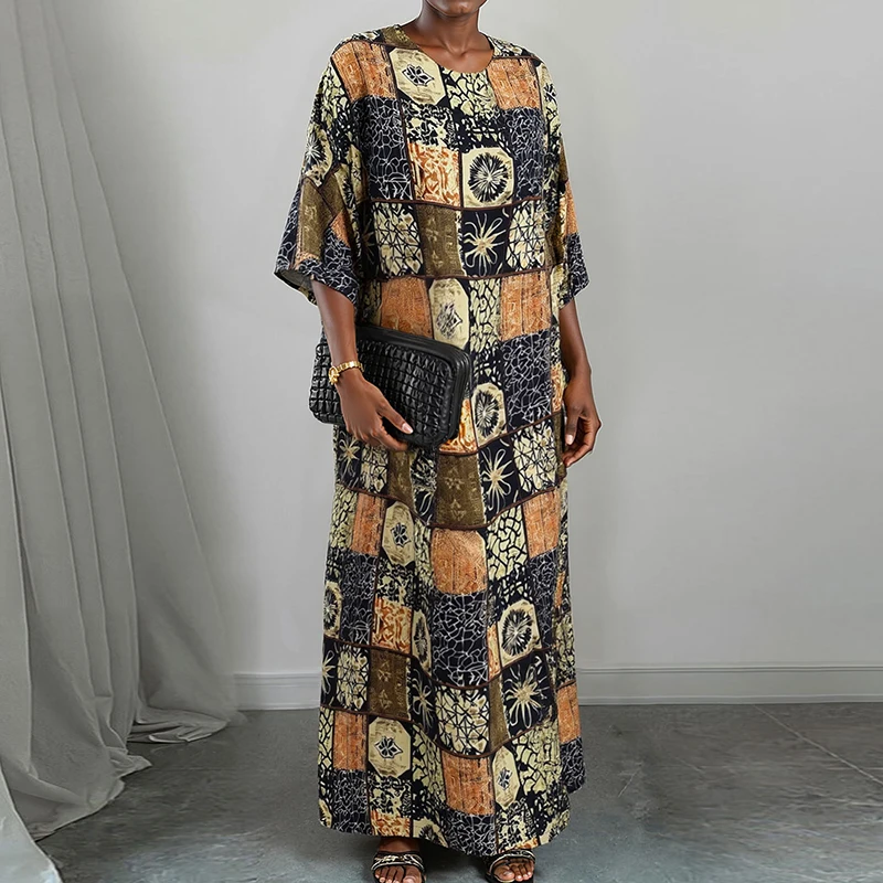 نمط طباعة السيدات الخامس الرقبة رداء فضفاض فستان عادية بأكمام طويلة عالية الخصر عطلة فستان أنيق الخريف البوهيمي فستان ماكسي #2