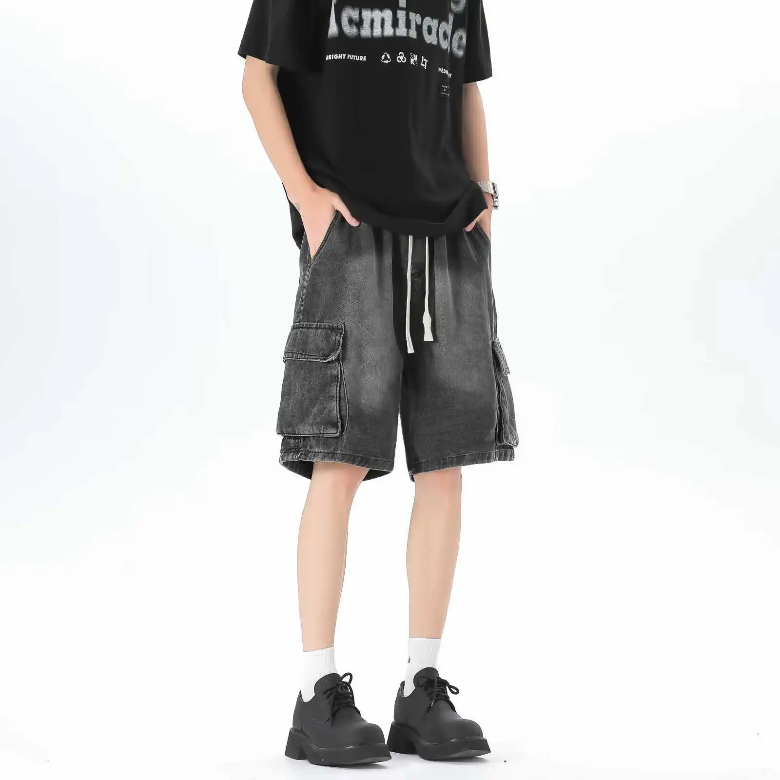 

Японская рабочая одежда из чистого хлопка, модная брендовая футболка в стиле ретро из Гонконга, функциональная, с объемными элементами...