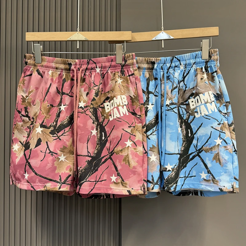 

American Retro Tree Branch Graffiti Shorts Men Women Mesh Quick High Street Loose Camouflage Printed Drawstring Fitness Pants