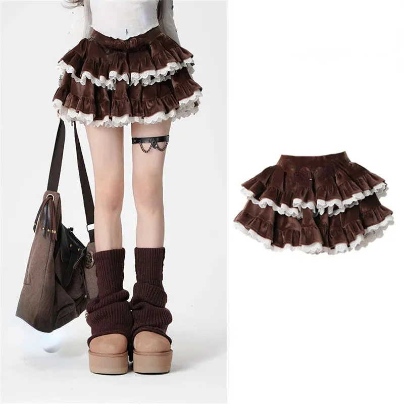 Brown Corduroy Skirt Sweet Cute Women Cake Skirt Ruffle Edge Stitching Hotsweet Pure Desire Fashion Y2K American Spicy Girl