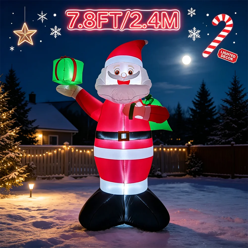 7.8FT Christmas Inflatable Toy Santa Claus Lighted Blow Up Santa with Gift Box for Outdoor Garden Lawn Winter Holiday Decor