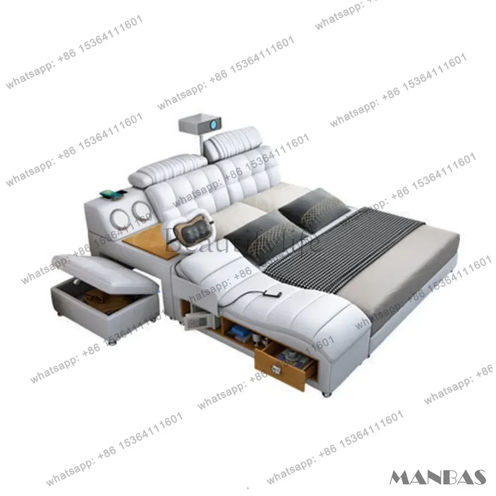 MINGDIBAO Tech Smart Genuine Leather Bed | Multifunctional Ultimate Beds | Massage Tatami Bed With Projecter | Upholstered C