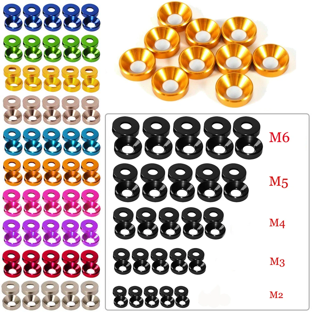 50/100/200pcs M2 M2.5 M3 M3.5 M4 M5 M6 Aluminum Colourful Anodized Countersunk Head Bolt Washers Gasket Red/Grey/Purple/Golden