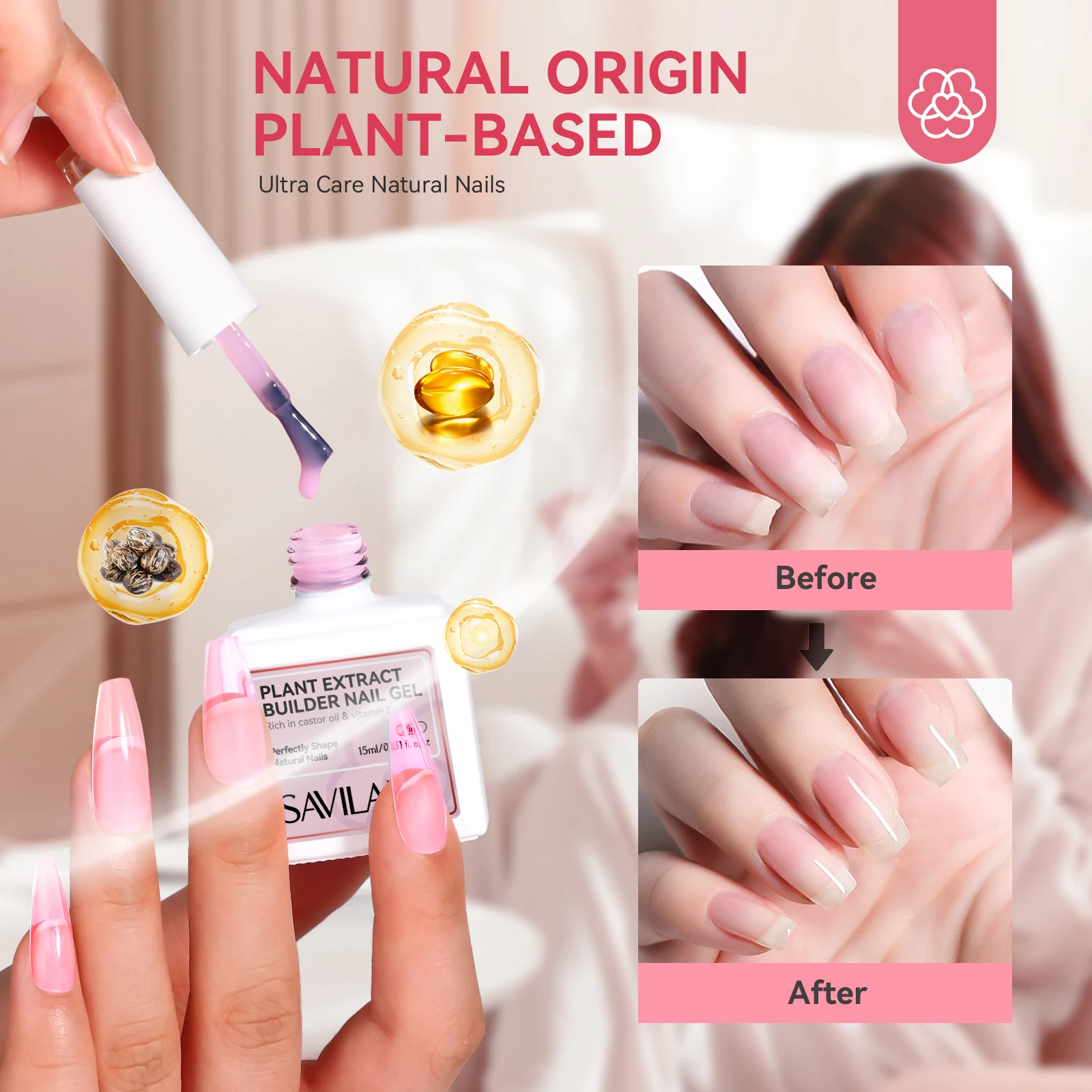 SAVILAND Gel trasparente da 15 ml in bottiglia rinforzante per unghie in gel duro con olio di ricino per estensione nail art