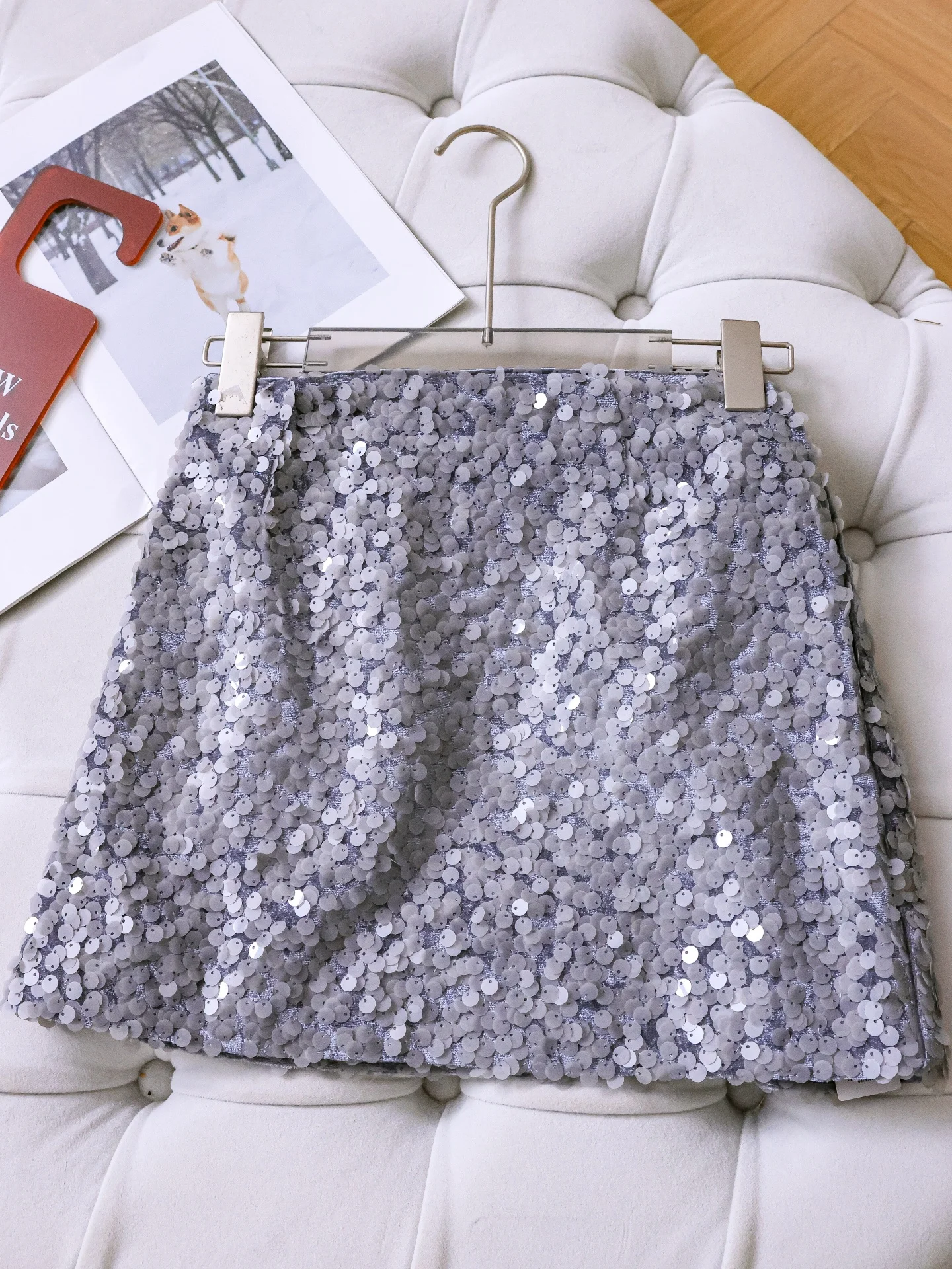  Heavy Work Short Sequin Skirt Slimming Waist Design Women's High Waist Half Body Skirt A-Line Polyester Fiber