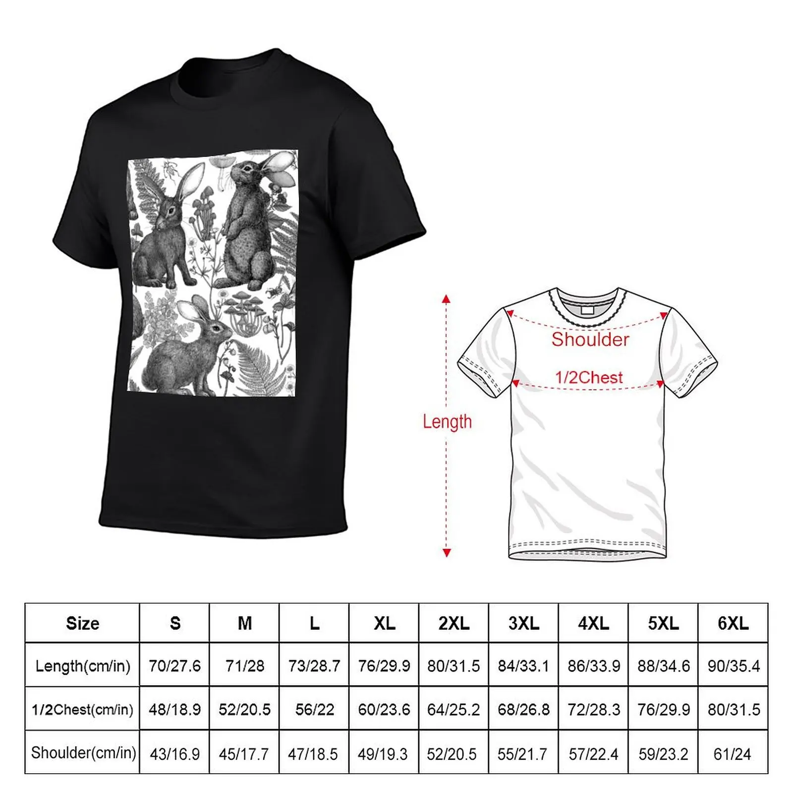 Rabbits and woodland flora, monochrome T-Shirt korean fashion customs Blouse funnys mens clothing