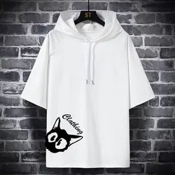 Summer Casual T-Shirt Men's Hooded Top Graffiti Style Short-Sleeved T-shirt Fashion High Street T-Shirt Loose Hip-Hop T-Shirt