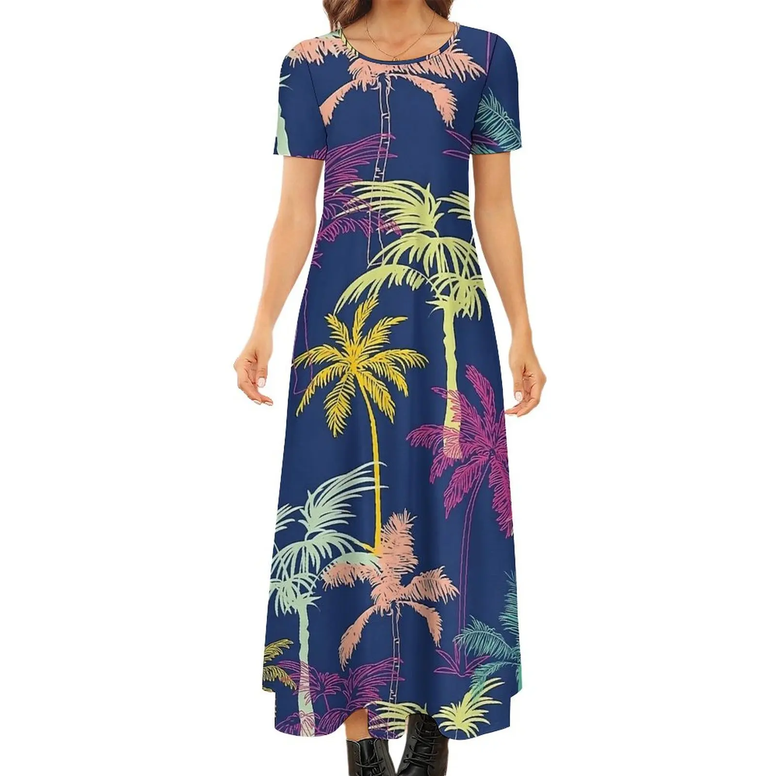 

Palm Trees Dress Colorful Print Vintage Maxi Dress Women Short Sleeve Street Fashion Bohemia Long Dresses Big Size 6XL 7XL