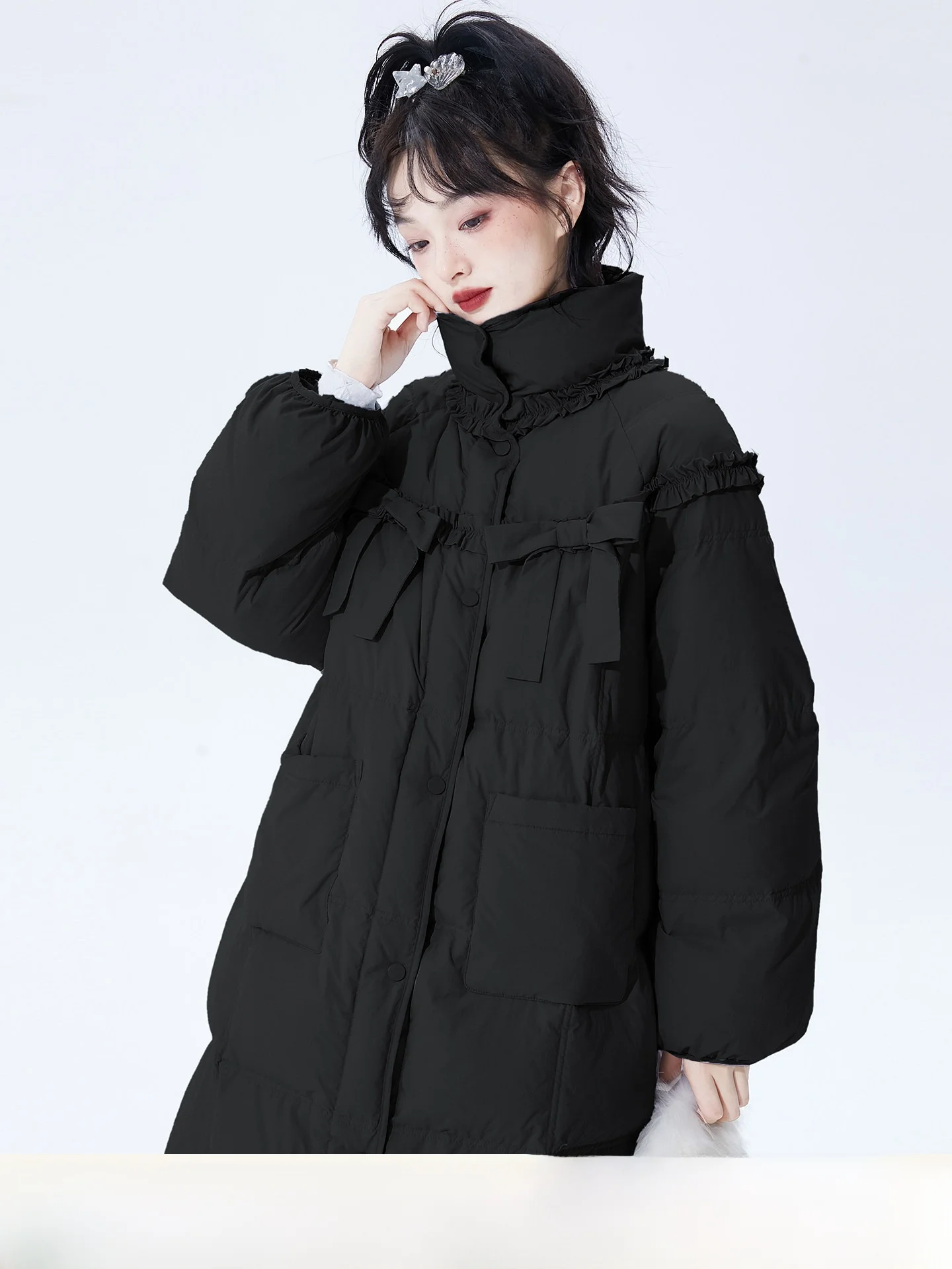 

New National Stand Long Women's down Jaet Bla Bow Tie Collar Du down Filling Warm Thiened Polyester Fiber Ladies Coat