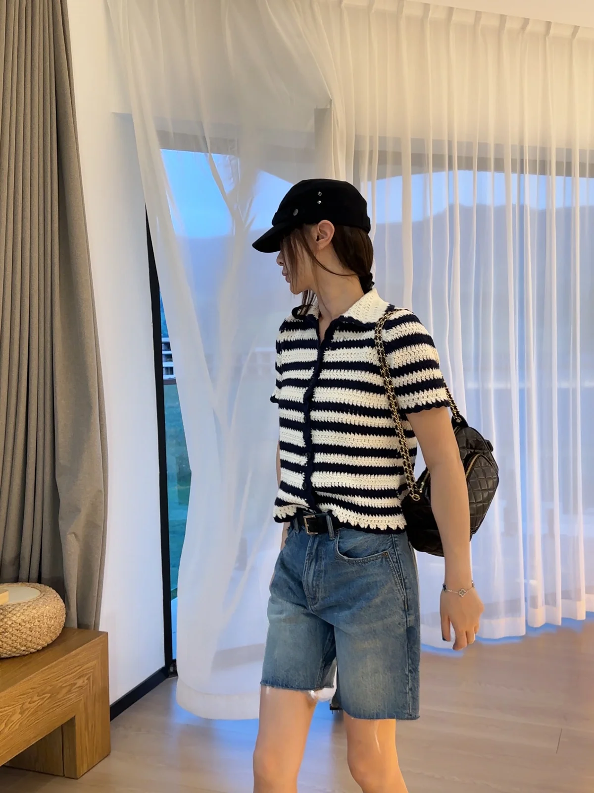 

Lin Rou Rou Hollow out Knitted Stripe Sweater Collar f Sve Summer Women's Faion Casual Loose Fit Warmth Cotton