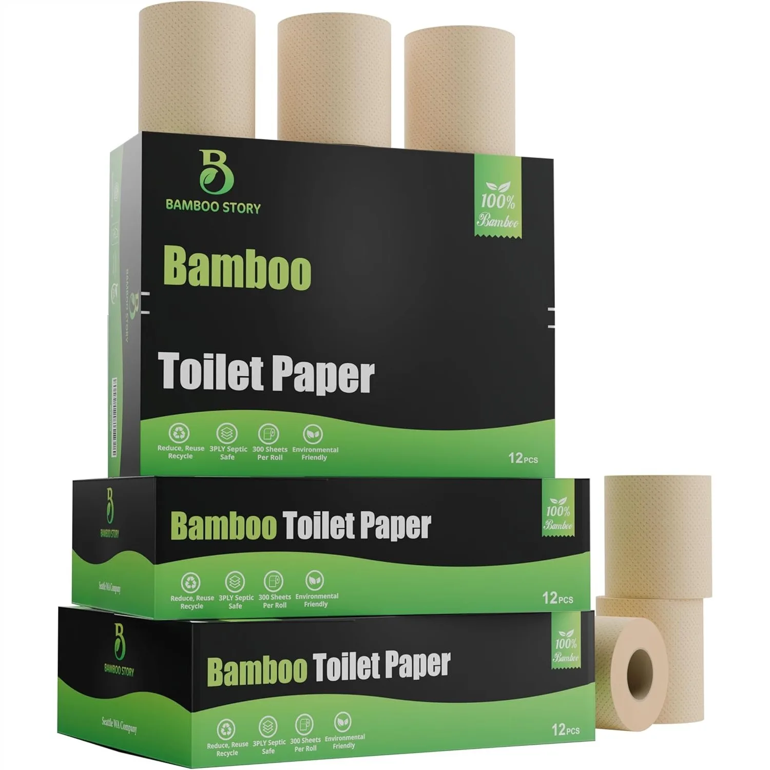 

Unbleached Bamboo Toilet Paper 12 Rolls 3 Ply 300 Sheets Septic Safe Soft Tissue