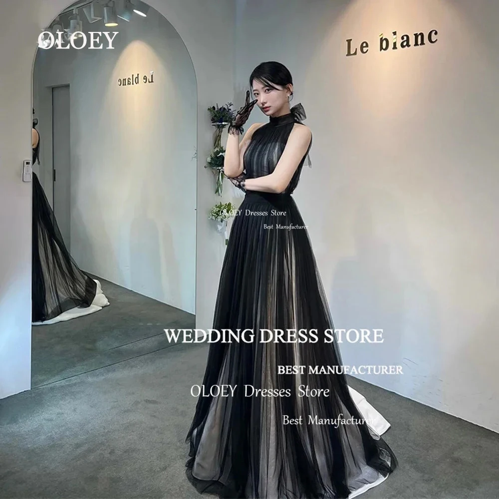 

OLOEY Unique Black Organza Evening Dress Korea Photoshoot Halter Party Dress Floor-Length Prom Gown Wedding Party Dress