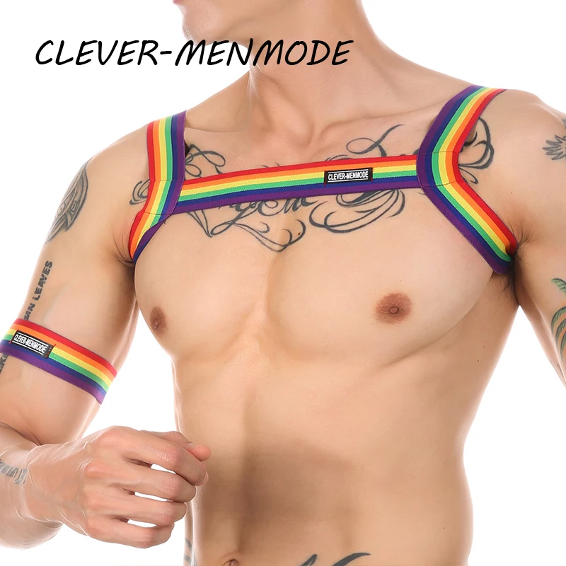 CLEVER-MENMODE Men\'s Sexy Harness BDSM Bondage Body Chest Neck Halter Shoulder Belt with Armband Fetish Costume Night Club Wear