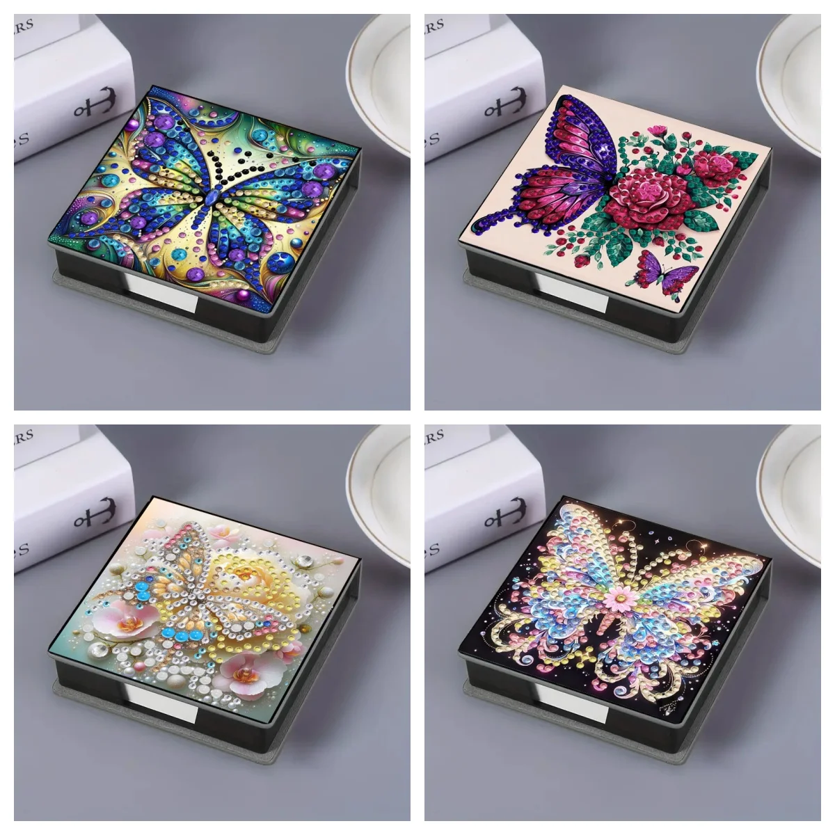 1pcs DIY Butterfly Diamond Art Painting Post It Note Dispenser Plastic Notepaper Holder Organizer with Memo Paper for Home Schoo