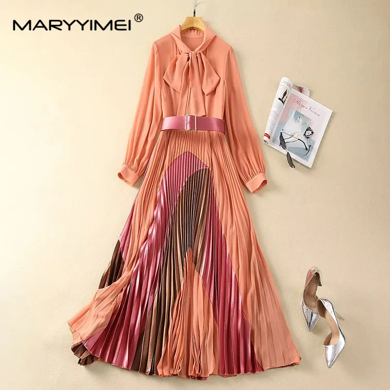 MARYYIMEI New Fashion Runway Designer Women\'s Elegant Temperament Stand Collar Bow Long Sleeve High Waist Shirt Pleated Dress