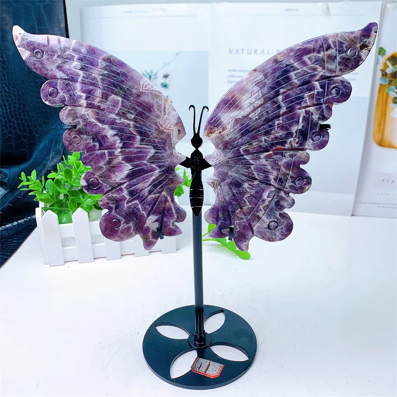 

Natural Dream Amethyst Butterfly Wings Crystal, Hand Carved Polished Statue, Healing Energy Gemstone Crafts with Stand